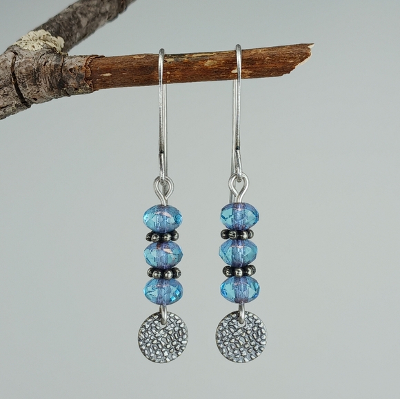 HAND CRAFTED Blue Artisan Glass Silver Rustic Minimalist Dangle Earrings - Picture 3 of 6